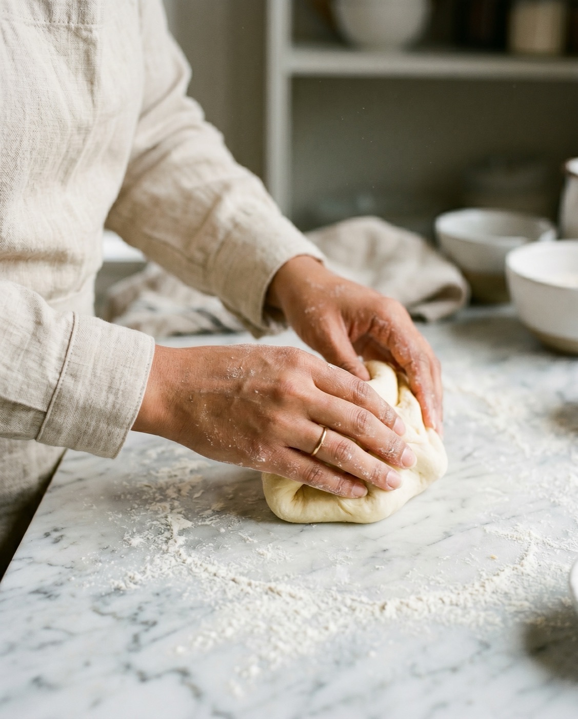 A baker's hands working dough